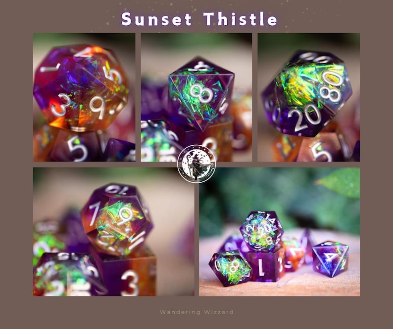 Dnd dice / Sharp Edge Dice set for DnD / Polyhedral dice set / Dnd Gifts / Shattered Starlight Sunset Thistle