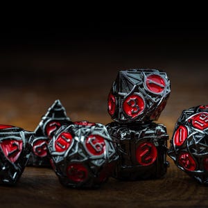 Black and Red Metal Dice Set for DnD | Metal Polyhedral Dice | Dark Ember Luminous Dice for Tabletop RPGs | Bland and Red Dnd Dice