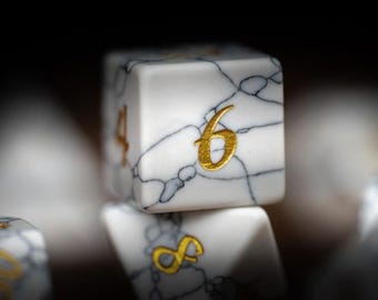 Howlite Gemstone Dice Set for DnD | Sharp Edge Polyhedral Dice | White Turquoise Ghostpath Compass Dice for Tabletop RPGs