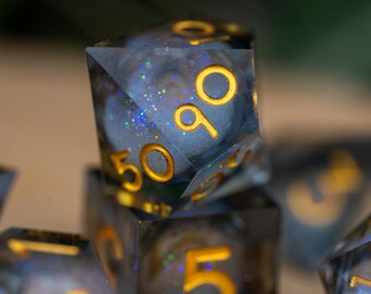 Liquid Core Dice for dnd / Sharp Edge Dice / Glitter dnd Dice set / Black Dice Gold / Lurkmist