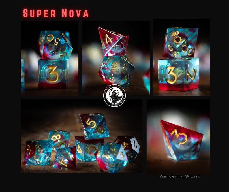 May include: A selection of Super Nova dice sets. The dice are a mix of blue, red, and gold. The text "SUPER NOVA" is at the top of the image. The text "Wandering Wizard" is at the bottom right of the image.