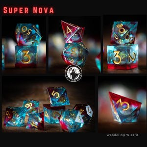 Liquid Core Dice for dnd / Sharp Edge Dice / Glitter dnd Dice set / Black Dice / Cursed Obsidian Super Nova