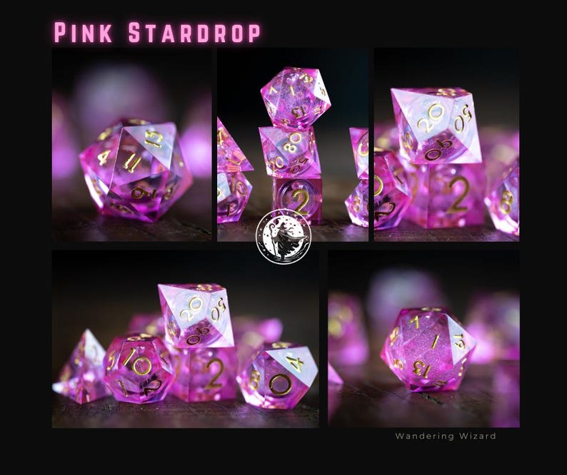 May include: A collection of Pink StarDrop dice. The image features several polyhedral dice, each with a translucent pink hue and gold numerals. The text "Pink StarDrop" is at the top, and "Wandering Wizard" is at the bottom of the image.