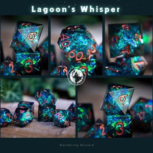 May include: A collection of multi-sided dice with a lagoon-like aesthetic. The dice are primarily teal and green with red numbering. The image includes the text "Lagoon's Whisper" and the logo of Wandering Wizzard.