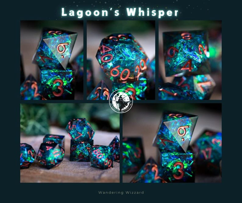May include: A collection of multi-sided dice with a lagoon-like aesthetic. The dice are primarily teal and green with red numbering. The image includes the text "Lagoon's Whisper" and the logo of Wandering Wizzard.