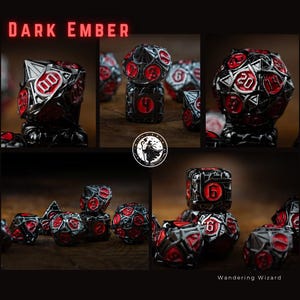 May include: A collection of Dark Ember dice sets. The dice are black with red numbering and accents. The image includes close-up shots of the dice, showcasing their intricate designs and the text "Dark Ember" at the top. The Wandering Wizard logo is also visible.