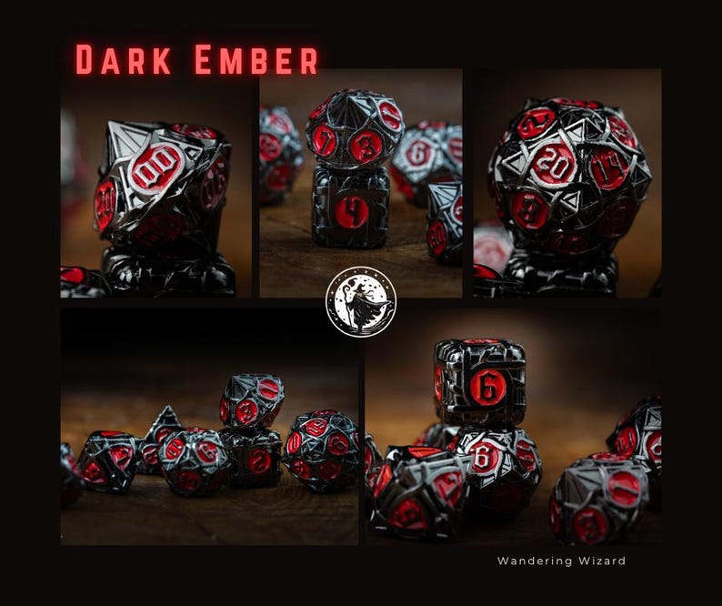 May include: A collection of Dark Ember dice sets. The dice are black with red numbering and accents. The image includes close-up shots of the dice, showcasing their intricate designs and the text "Dark Ember" at the top. The Wandering Wizard logo is also visible.
