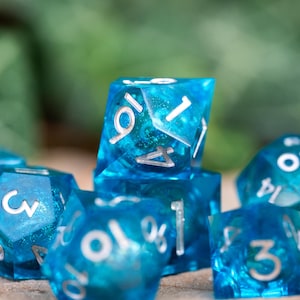 Liquid Core Dice for dnd / Sharp Edge Dice / Glitter dnd Dice set / Blue Dice / River&#39;s Whisper