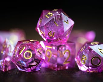 Pink Liquid Core Dice Set for DnD | Sharp Edge Glitter Polyhedral Dice | Space-Themed Pink Stardrop Dice for Tabletop RPGs