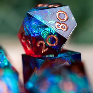 Dnd dice / Sharp Edge Dice set for DnD / Cascading Riftfire / Polyhedral dice set / Dnd Gifts / Dnd Resin Dice Set / Black Dice