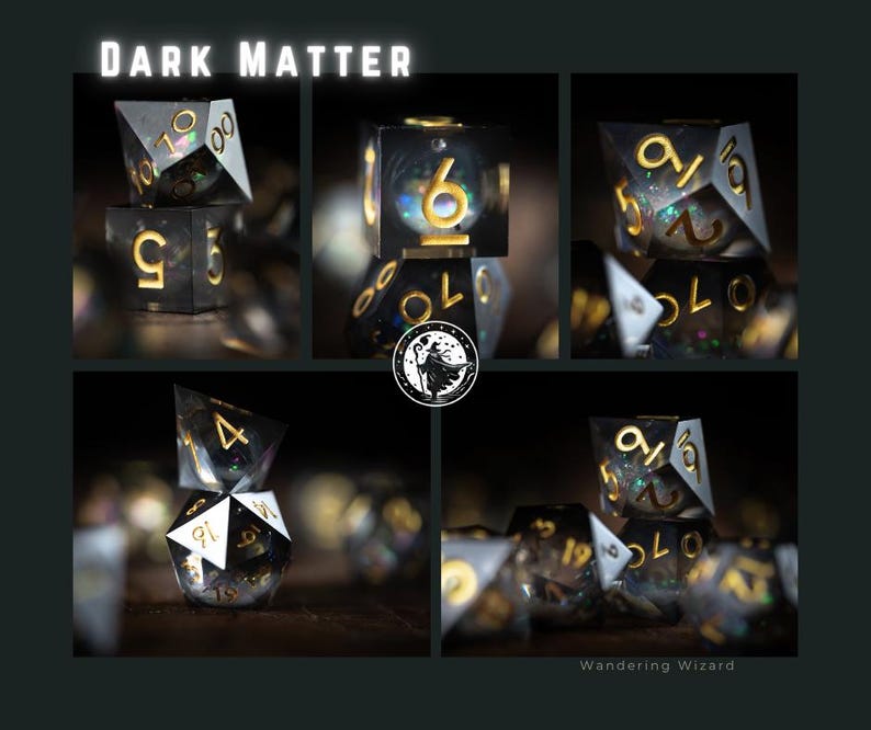 May include: A selection of polyhedral dice with a dark, space-themed design. The dice are black with gold numbering and internal glitter, and the text "DARK MATTER" is at the top. The image also includes the logo for "Wandering Wizard".