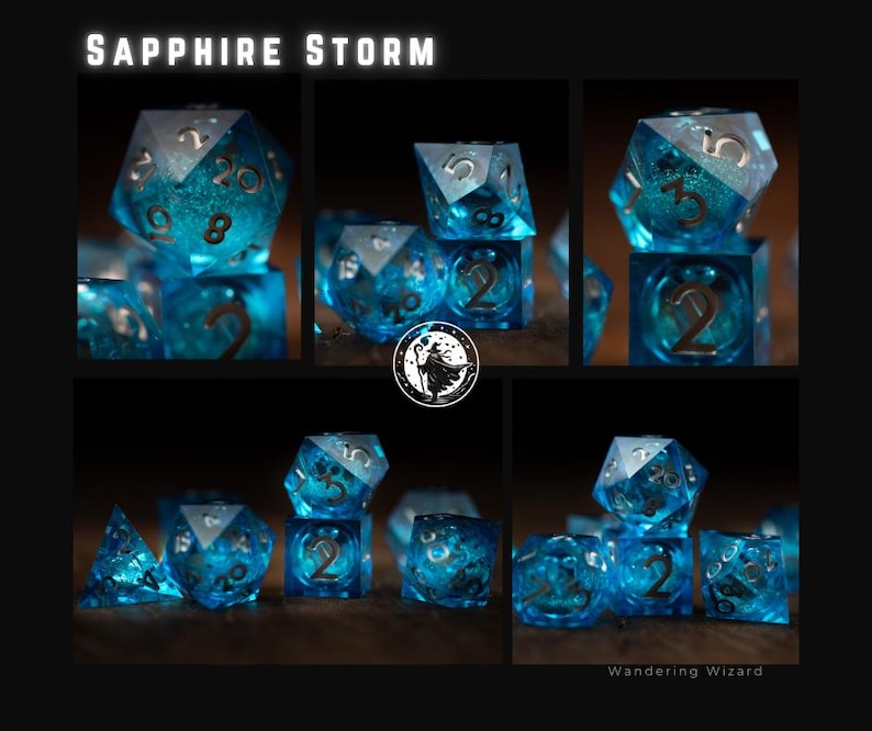May include: A set of blue and silver polyhedral dice, with a glittery interior. The dice are in various shapes, including D20s, D6s, and D4s. The numbers are silver. The text "Sapphire Storm" is displayed at the top of the image.
