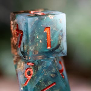 Dnd dice / Sharp Edge Dice set for DnD / Glimmering Waters / Polyhedral dice set / Dnd Gifts / Dnd Resin Dice Set / Green Dice / Gold Dice