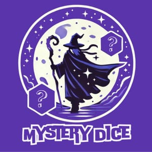 May include: A purple background with a white circle containing a wizard with a staff, a full moon, and stars. Two question marks are in hexagons on either side of the wizard. The text "MYSTERY DICE" is below the circle.