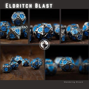 May include: A collection of metallic dice with blue accents, featuring the text "ELDRITCH BLAST". The dice have a detailed design with visible numbers. The image is a collage, with the dice arranged on a wooden surface.