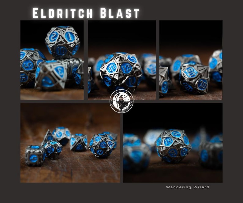 May include: A collection of metallic dice with blue accents, featuring the text "ELDRITCH BLAST". The dice have a detailed design with visible numbers. The image is a collage, with the dice arranged on a wooden surface.