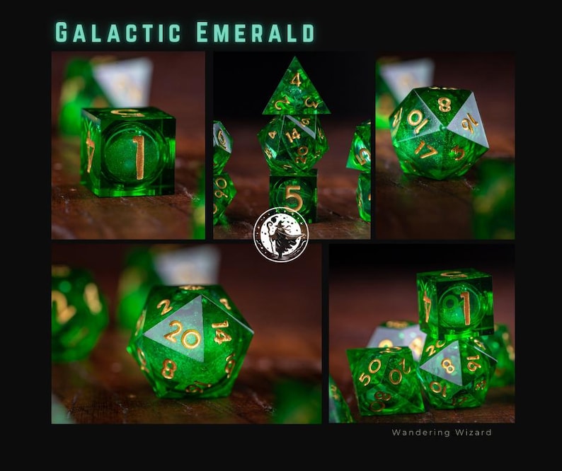 May include: A collection of green and gold dice sets. The dice are transparent with gold numbering. The text "GALACTIC EMERALD" is at the top. The text "Wandering Wizard" is at the bottom.