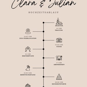 Pode incluir: Um infográfico de cronograma de casamento com ícones pretos e texto em um fundo bege claro. O cronograma inclui os seguintes eventos: 14h45 - Chegada ao local da cerimônia, 16h00 - Cerimônia de casamento, 15h30 - Fotos, 17h00 - Jantar, 20h30 - Bolo de casamento, 21h00 - Dança.