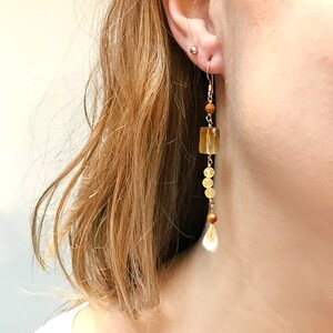 Long Drop Bohemian Mixed Gemstone and Tiny Feather Earrings