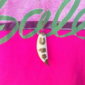 Good Luck Symbol Bone Point Necklace with Brass Edges / 14K Gold Filled Chain / Horseshoe, Elephant, Four Leaf Clover