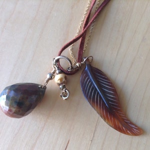 Neutral Teardrop Stone and Leaf Necklace with Leather and Chain Mix