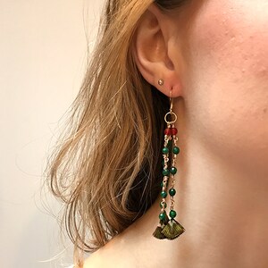 Bohemian Green and Orange Jade Tiny Peacock Feather Earrings