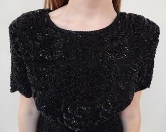 Vintage 1980s black sequin and beaded cocktail dress. Silk made in India SM/MED