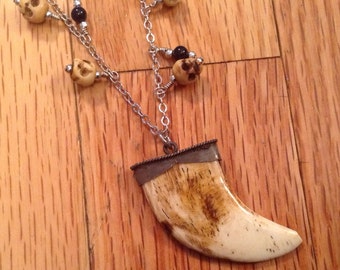 Sterling Silver Long Chain with Carved Bone Skull and Horn Focal Point