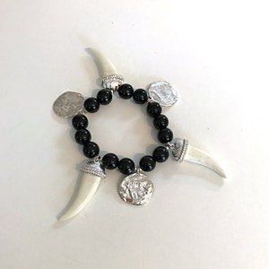 One of a Kind faux Black Onyx Beaded Stretchy Bracelet with Horns and Coins