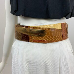 Vintage belt 1980s color blocked snake skin belt, brass hook buckle size Medium