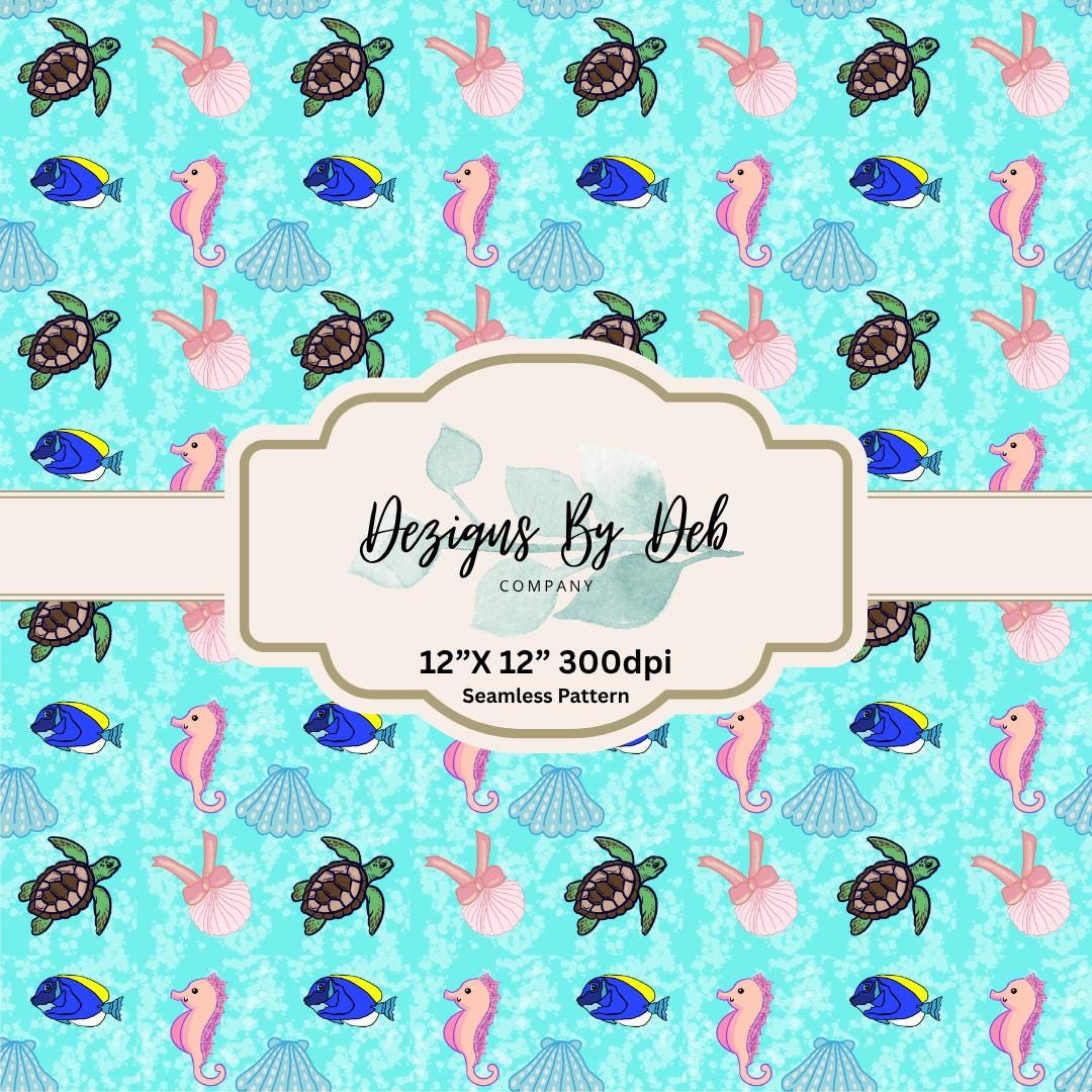 Underwater Seashell Sea Turtle Seamless Pattern 300 DPI PNG Instant ...