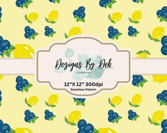 lemons and blueberries Seamless Pattern 300 DPI PNG Instant Download Digital Papers Vinyl Fabric Surface Design italian summer png