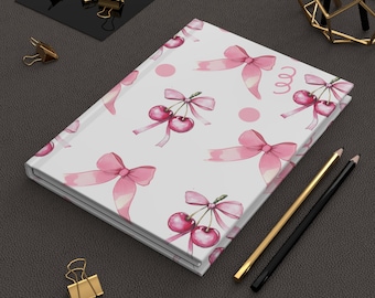 pink aesthetic planner with bows, journal, coquette aesthetic lovers, cute girls journal, accents, cherries and pink bows. aesthetic pink