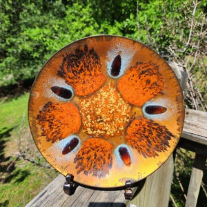 Vintage MCM signed Original Edward Starr for Gumps Handcrafted Enameled Copper Plate With Vibrant Orange Brown Blue Abstract Design - 10&quot;