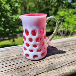 Fenton Coin Dot Cranberry Opalescent Glass Creamer Pitcher 3.5&quot; Tall Vintage Art Glass Collectible
