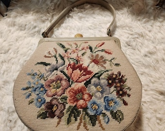 Vintage Floral Needlepoint Handbag Intricate Details MCM Cottage Fairy