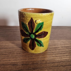 Vintage MCM Italian Bitossi style Hand-Painted Ceramic Mug With Floral  Geometric Design Yellow & Brown 3.5&quot; Tall