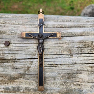 Large Antique Pectoral Ebony Wood Inlay Crucifix Cross 5.5&quot; Religious Wall Hanging Decor Necklace signed Germany
