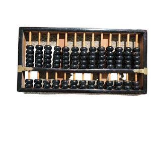 Vintage Lotus-Flower Brand Chinese Abacus 12 inches by 6 inches with 13 Rods & 91 Black Beads Hand Made of Wood, Black Lacquer, and Brass