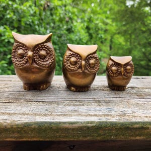 Vintage Solid Brass Owl Figurine Set Of 3 Made In Korea MCM Cottage Boho French Country Whimsy