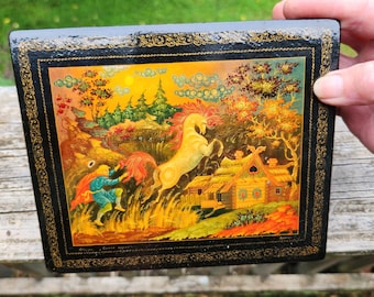 【超希少】ロシア伝統工芸 パレフ（ホールイ）漆器 小箱「火の鳥」手描き 署名入 ロシア漆器ボックス（大） - パレフ手描きジュエリーボックス