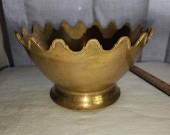 Vintage Hollywood Regency Art Deco Solid Brass Crown Bowl With Scalloped Rim Pedestal Base Old World Glam