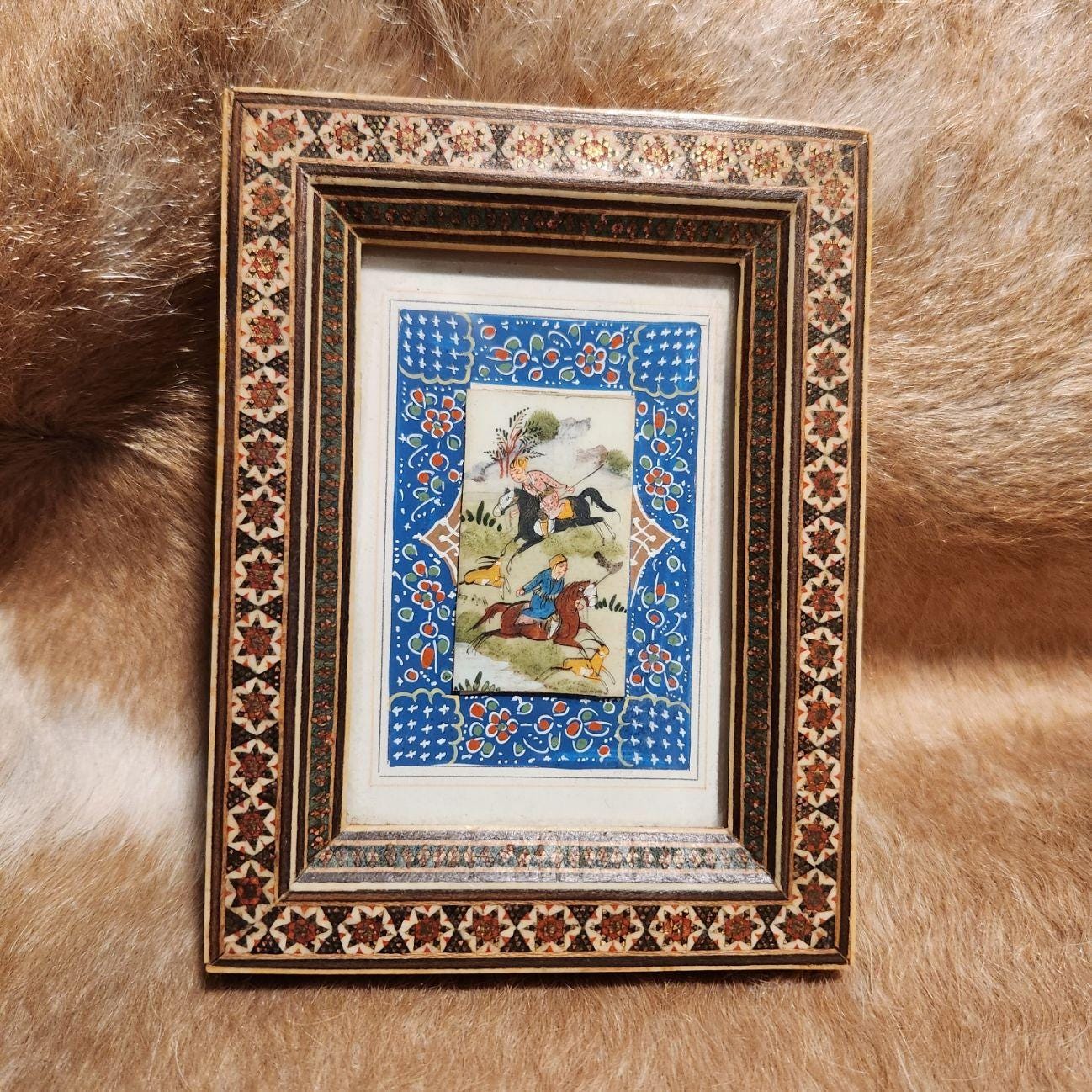 Vintage 19th Century Persian Hand Painted Camel Bone Miniature Mosaic Inlay Frame Hunting Scene