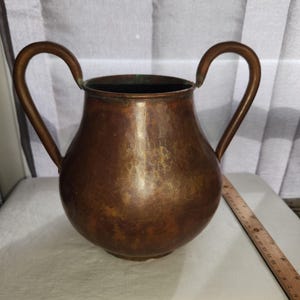 Antique Hand-Hammered Copper Amphora Vase With Double Handles & Aged Patina 8.5" Tall Rustic Old World Regency