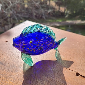 Signed Thames Glass Blue & Green Handblown Fish Figurine With colorful Accents