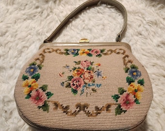 Vintage Needlepoint 7 Petit Point Floral Handbag MCM Cottage Beige Pink & Blue Flowers - Brass Hardware - 10” W x 7” H x 3” D