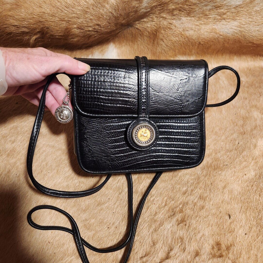 Vintage Brighton Black Leather Crossbody Bag With Embossed Croc Pattern ...