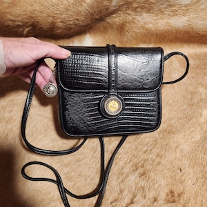 Vintage Brighton Black Leather Crossbody Bag With Embossed Croc Pattern & Metal Charm