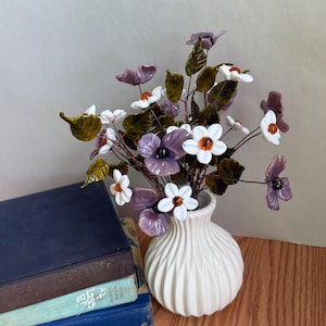 Handmade Glass Flower Bouquet  - Purple  & White Flowers on Copper Wire with Green Leaves