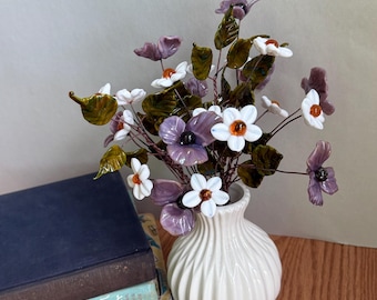 Handmade Glass Flower Bouquet  - Purple  & White Flowers on Copper Wire with Green Leaves
